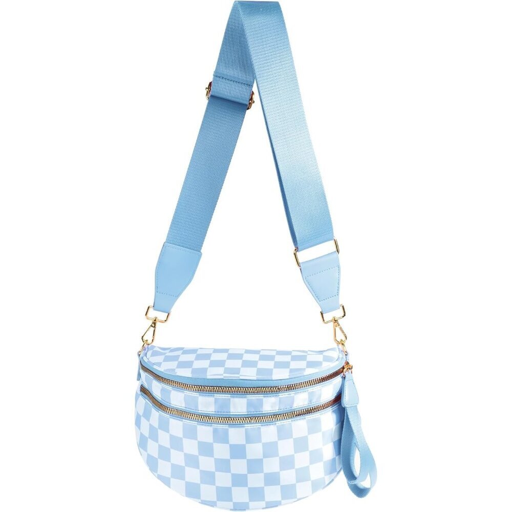 〽️Women's Blue White Nylon Checkered Adjustable Straps Zipper Crossbody Bag